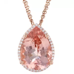Oro Rosa Morganita Y Diamante Halo Collar 16" - 14k Corte Pera 21.01ctw - Imagen 1 de 5