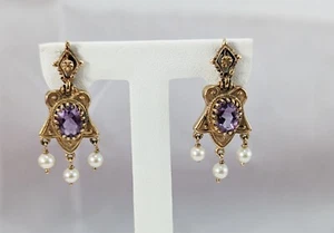 Pendientes colgantes vintage de oro de 14 quilates amatista y perlas - Imagen 1 de 7
