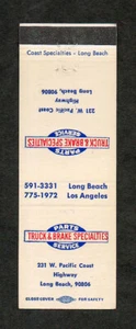 Cubierta de libro de cerillas Truck & Brake Specialties Long Beach CA sin usar Front Strike - Imagen 1 de 1