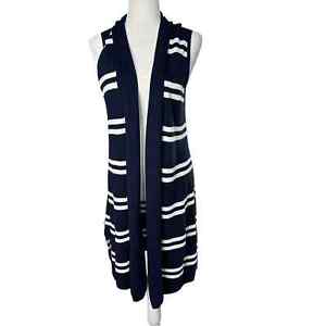 TALBOTS Womens Medium Navy Blue White Stripe Long Sleeveless Knit Cardigan Vest