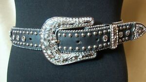 EUC Nocona 26/XS/S Black Leather Silver Tone Crystals Horse Equestrian Belt