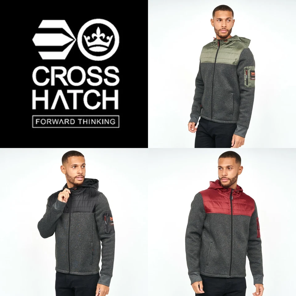 Mens Crosshatch Fleece & Quilted Zipped Hooded Jacket Hoodie Windbreaker Coat - Image 1 of 1