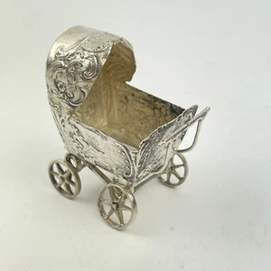 Antique Probably Dutch Solid Silver Novelty Salt Babys Pram Pushchair 4.5cm - Picture 1 of 10