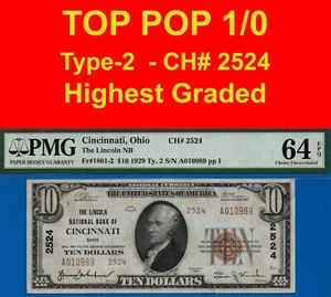 1929 $10 Lincoln National Bank Cincinnati, Ohio CH# 2524 PMG 64EPQ top pop 1/0 - Picture 1 of 5