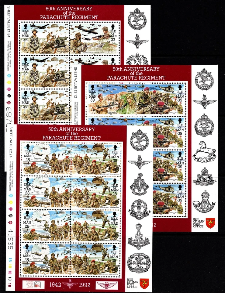 ISLE OF MAN  1992  PARACHUTE REGIMENT 50TH ANNIVERSARY  SET OF 3 SHEETS  MNH - Image 1 of 1
