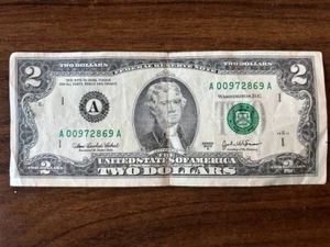 2003 SERIES A $2 DOLLAR Bill Stamp A1 A- LOWEST SERIAL NUMBER ON EBAY- A00972869 - Picture 1 of 5