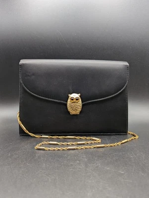 Bolso clutch sobre con acabado satinado negro vintage broche de búho cadena de barra Foto 1 de 4