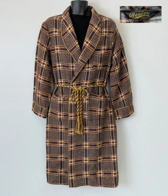 Bata manta baliza vintage años 30 40 marrón naranja a cuadros con cinturón de corbata 48" pecho Foto 1 de 4
