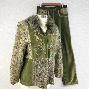 Audrey Elizabeth Velvet Pant Set Womens Medium Patchwork Woodsy Goblincore 70s - Picture 1 of 16