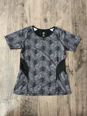 REI女式中号短袖灰色黑色几何图案运动衬衫健身房 — 第 1/4 张图片