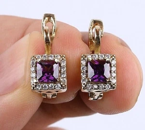 4.25 Ct Princess Amethyst & Moissanite Hoop Earrings  14k Yellow Gold Over - Picture 1 of 5