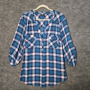 Torrid Top Womens 3X Blue Pink Plaid Chiffon Tunic Roll Tab Flowy - Picture 1 of 11
