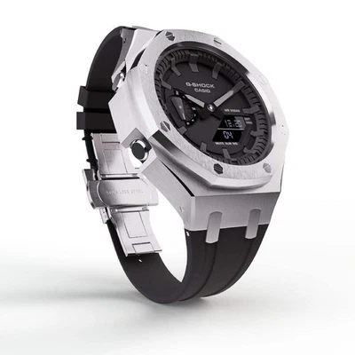 Casioak Mod Custom Watch Casio G-Shock GA-2100 Silver Metal Case Black Strap GA2 - Image 1 of 4