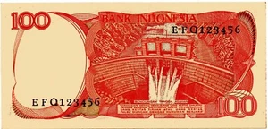 Ascending number EFQ123456 Indonesia 100 Rupiah 1988 UNC - Picture 1 of 2