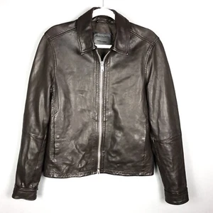 Allsaints Erol Zip Up Leather Jacket Mens SZ XS Brown Solid Snap Pockets Biker - Picture 1 of 11