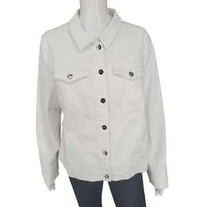 Quacker Factory Button Front Stretchy Denim Jacket Large Sz White Top w Pockets - Picture 1 of 10