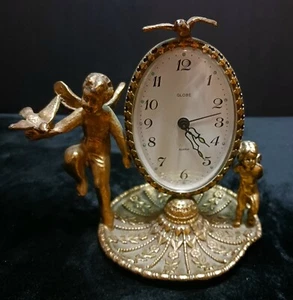 Rare Vintage German Gold Gilt Dove & Cherubim Mantel Alarm Clock Needs Repaired - Foto 1 di 9