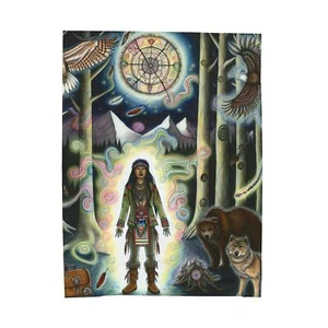 Velveteen Plush Blanket Vision Forest Warrior Spirit Native American Indian Art - Picture 1 of 19