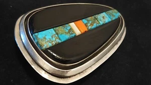 EARLY FIDEL BAHE NAVAJO STERLING SILVER MULTI STONE INLAY BELT BUCKLE 57 GRAMS!! - Picture 1 of 18
