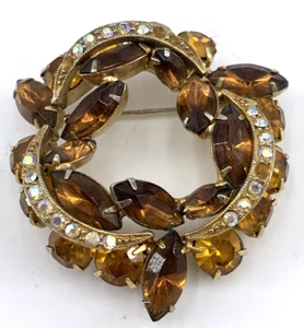 Juliana D&E Brooch Amber Aurora Borealis Brooch 2" Marquis Round Stones FLAW - Picture 1 of 5