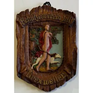 Vintage Schuetzenverein Tell Urexweiler Wood Plaque Nude Marksmen Shooting Club - Picture 1 of 6