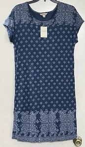 NEW Lucky Brand Blue Boho Print Short Sleeve Tunic T-Shirt Shift Dress Sz S - Picture 1 of 3