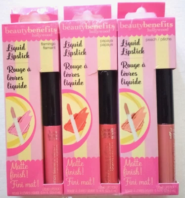 3 x BELLEZA BENEFICIOS Hollywood Lápices Labiales Líquidos Flamenco Paypaya Melocotón Cartera Tamaño Foto 1 de 2