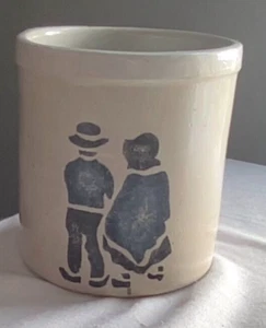 Vintage Lidded Crock. Hand Painted Couple . Blue & Grey. 6 1/2" Tall. - Picture 1 of 7