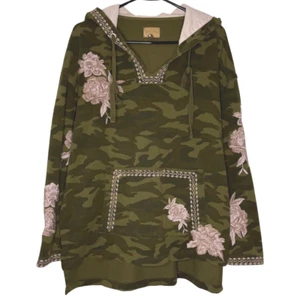 Driftwood Damen Hoodie klein grün tarnfarben mit Blumenmuster bestickt Teddy Pullover V-Ausschnitt - Bild 1 von 21