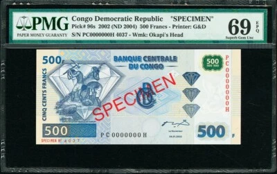 Congo 500 Francs 2002 (ND 2004) SPECIMEN Pick-96s SUPERB GEM UNC PMG 69 EPQ - Image 1 of 2