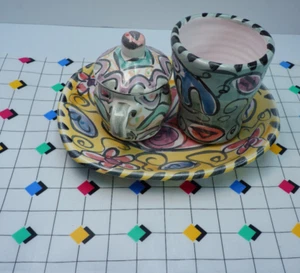 Unknown Studio Pottery Set of 3 Tray, Mug, Sugar Pot Signed Retro Post Modern - Picture 1 of 16