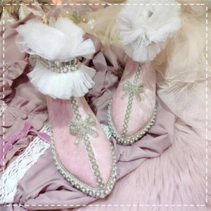 Scarpe donna tacco medio fiocco rosa velluto francese stivali alti a punta pizzo - Foto 1 di 12