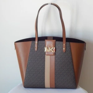 MICHAEL KORS KARLIE Monogram Center Stripes Studs Brown Multi Large Tote Bag NWT - Picture 1 of 12