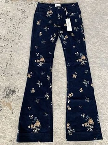 New Free People Driftwood Flare Navy Floral Embroidrd Velvet Pants 26 - Picture 1 of 8