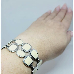 Lia Sophia "French Tip" Cream/Silver Enamel Geometric Wide Double Link Bracelet - Picture 1 of 9