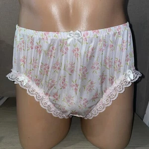 Handgefertigtes weißes geblümtes Nylon Trikot Sissy hohes Bein Hip Hugger Höschen für Männer Gr.42 - Bild 1 von 12