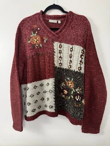 VTG Croft Barrow XL Embroidered Patchwork Fall Sweater Sunflower Grannycore Knit - Picture 1 of 12