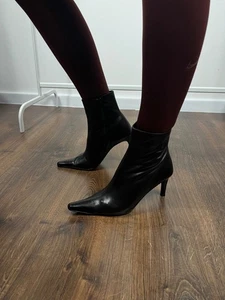 Sleek Black Leather Pointed Toe Heeled Ankle Boots Women’s EU 38 Spain - Picture 1 of 13