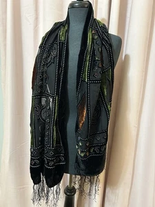 Vintage Damen XL Schal Ausbrenner Samt lang schwarz Fransen 80 x 20" Schmucktöne - Bild 1 von 9