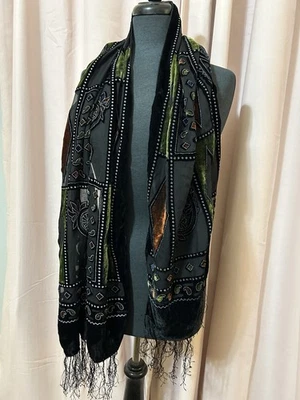 Mantón Vintage Burnout Terciopelo Largo Negro con Fleco 80"x 20" Geométrico Tonos Joya Foto 1 de 4