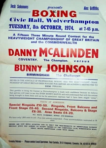Póster de boxeo Danny McAlinden v Bunny Johnson 1974 en muy buen estado concurso de peso pesado - Imagen 1 de 2