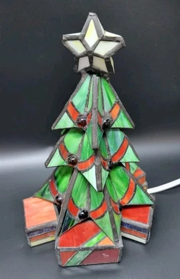 Vintage Meyda Tiffany Christmas Tree Leaded Stained Glass Accent Lamp Light - Image 1 of 4