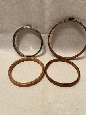 Lot of 4 Vintage Wood & Metal Round Embroidery Hoops 4" 5" - Image 1 of 4
