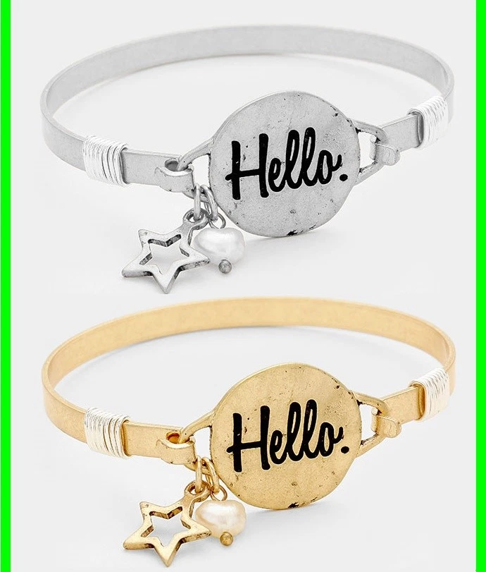 Statement Bracelet Metal Bangle Disc Hook Hello Message Star Charm New Fashion - Image 1 of 1