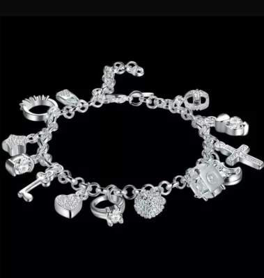 Bettelarmband 925 Silber Pl. 13 Charms Anhänger Armband Schmuck Damen Neu  - Bild 1 von 4