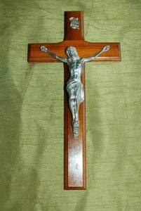 ANTIQUE 12" Mahogany WOOD & SILVER* corpus CRUCIFIX CROSS Jesus Christ EASTER - Picture 1 of 11