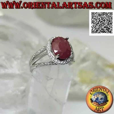 Anello in Argento 925‰ grande rubino naturale ovale incastonato contornato da zi - Immagine 1 di 4