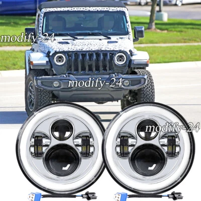 Pair 7" Inch Round LED Headlights Halo Angle Eyes Fit Jeep Wrangler JK LJ CJ TJ - Image 1 of 4
