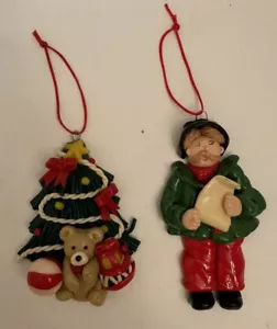 Two (2) Polymer Clay Christmas Ornaments #1 Tree w/ Bear #2 Man Singing w/ Music - Picture 1 of 6