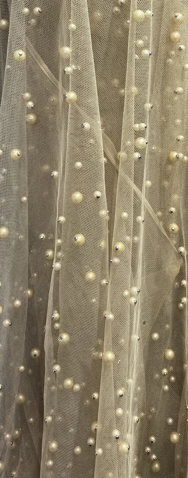 Beige Very Soft Tulle with Pearls 52” Wide - Image 1 of 1